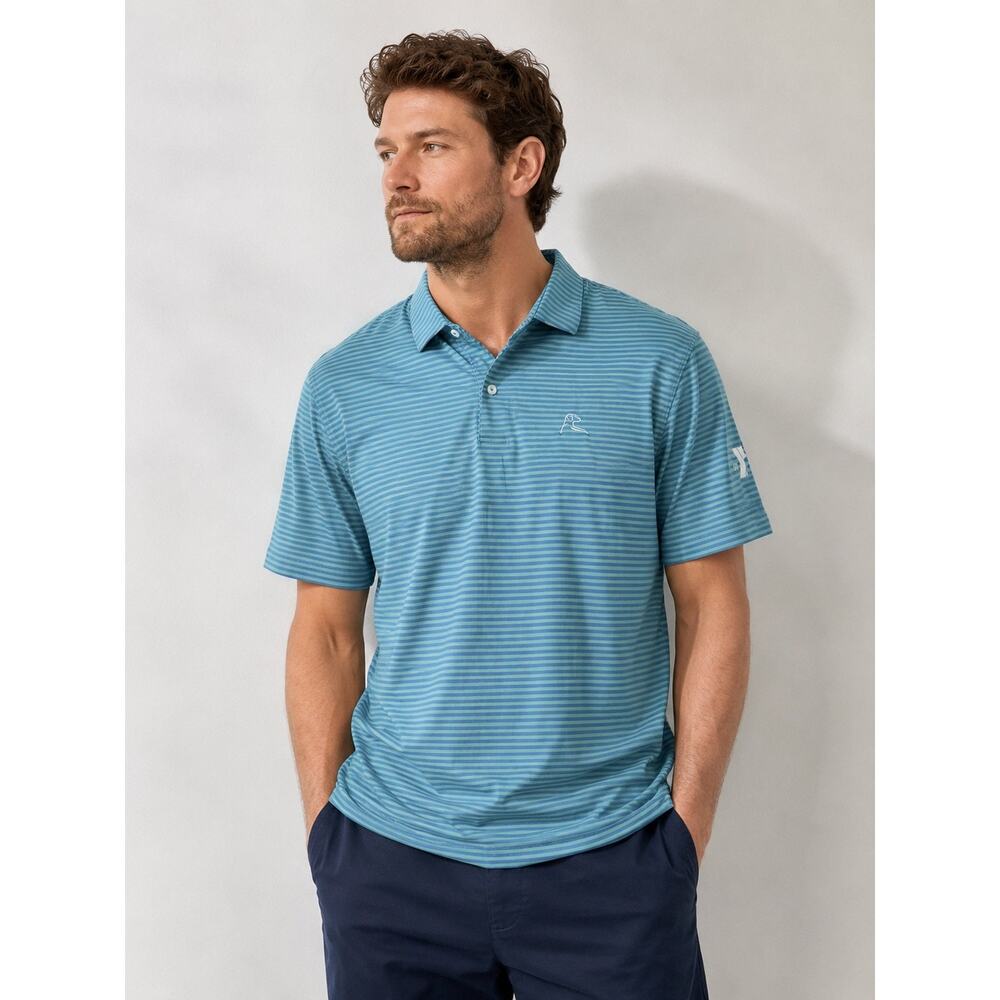 Rhoback Performance Polo Shirt Men’s Size L Blue Green Striped Short Sleeve Golf